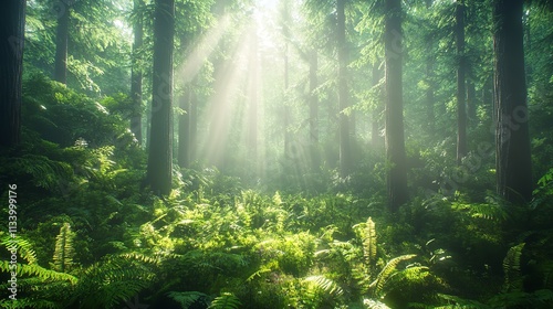 A dense forest with sunlight filtering through the trees, creating dappled light on the forest floor.