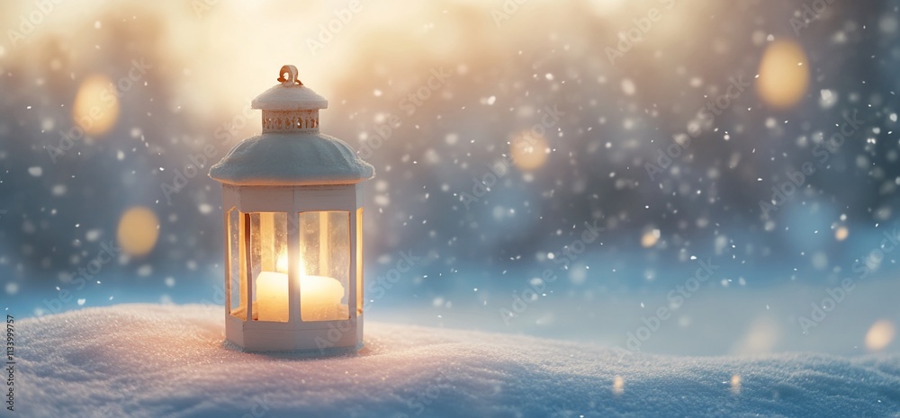 A lantern with a candle glowing in the snow, creating a warm ambiance. A lantern with a candle glowing in the snow, creating a warm ambiance.