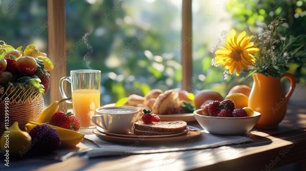 Sunlit breakfast scene with fruit, pastries, coffee, and juice by window. Sunlit breakfast scene with fruit, pastries, coffee, and juice by window.