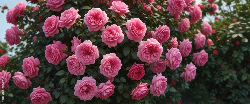 A mature rose bush with full, lush blooms in shades of red and pink , nature photography, floral motifs, horticulture A mature rose bush with full, lush blooms in shades of red and pink , nature photography, floral motifs, horticulture