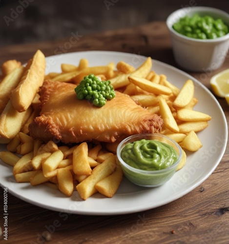 Plate of fish and chips with mushy peas served , savory, meal