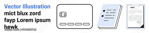 Credit card, stacked documents, signed paper with signature. Ideal for finance, banking, business, payments, contracts agreements e-commerce. Landing page