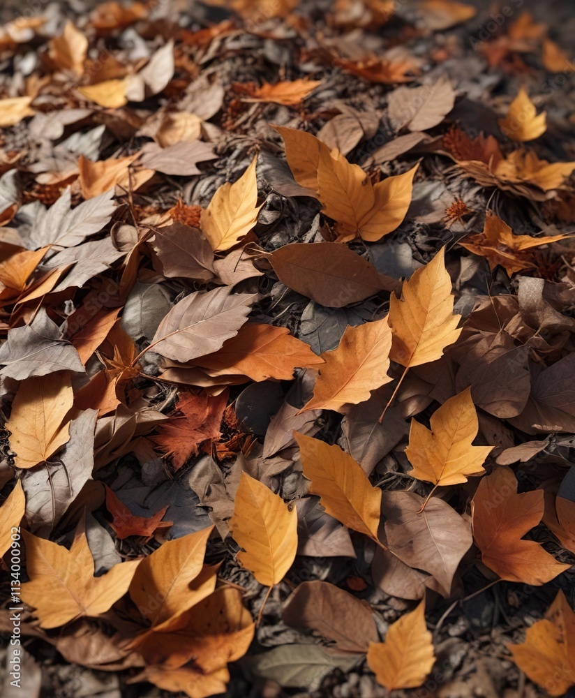 A pile of dry leaves with ash scattered on top, green growth, foliage nourish, compost A pile of dry leaves with ash scattered on top, green growth, foliage nourish, compost