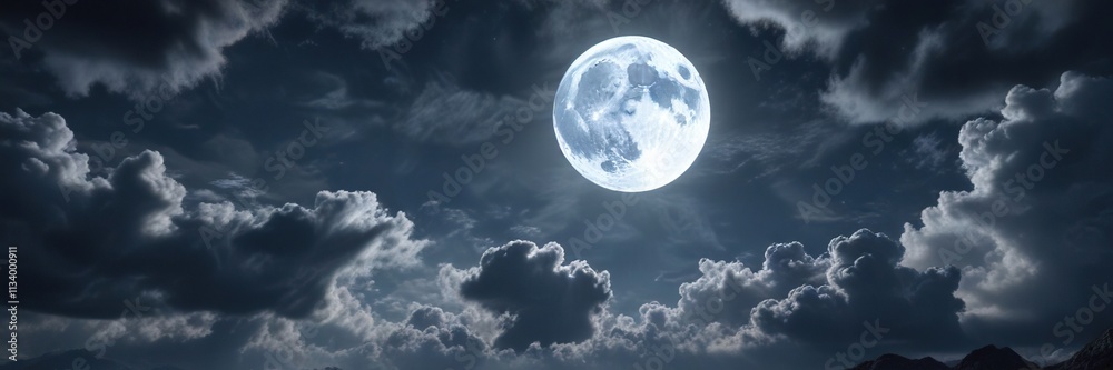 A dramatic blue sky with dense grey clouds and a large full moon peeking through the gaps in the clouds, radiant, blue sky, powerful A dramatic blue sky with dense grey clouds and a large full moon peeking through the gaps in the clouds, radiant, blue sky, powerful