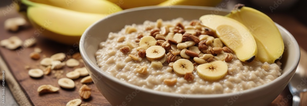A drizzle of honey on top of a warm bowl of oatmeal with sliced bananas and chopped nuts, food, fragrance, oatmeal A drizzle of honey on top of a warm bowl of oatmeal with sliced bananas and chopped nuts, food, fragrance, oatmeal