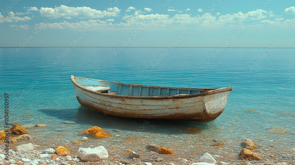 An old wooden boat rests gently on the sea near the shore, symbolizing tranquility, nostalgia, and a journey. The blurred background creates a sense of calm and contemplation, evoking memories of adve An old wooden boat rests gently on the sea near the shore, symbolizing tranquility, nostalgia, and a journey. The blurred background creates a sense of calm and contemplation, evoking memories of adve