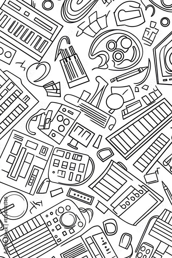 Black and White Doodle Illustration of Various Objects and Tools.