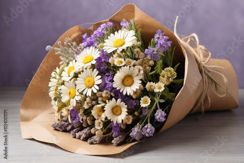 A bouquet of wildflowers including daisies, lavender, and chamomile wrapped in kraft paper.