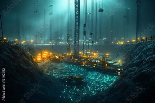 Underwater Construction Site Creating Futuristic Bioluminescent Lit City Beneath the Waves Cinematic Science Fiction Concept photo