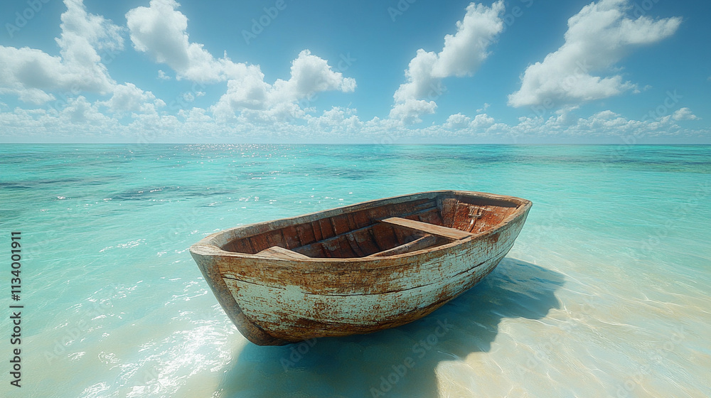 Naklejka premium An old wooden boat rests gently on the sea near the shore, symbolizing tranquility, nostalgia, and a journey. The blurred background creates a sense of calm and contemplation, evoking memories of adve