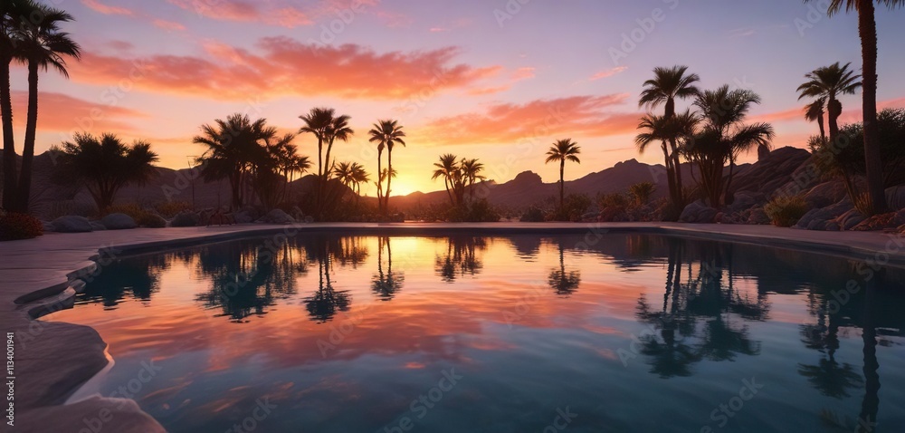 Vibrant colors of a desert sunset reflected in the calm waters of an oasis pool, oases, desert sunset Vibrant colors of a desert sunset reflected in the calm waters of an oasis pool, oases, desert sunset