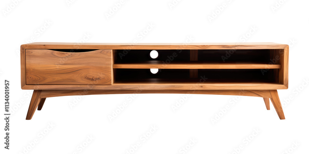 modern wood tv stand isolated on transparent white background, clipping path