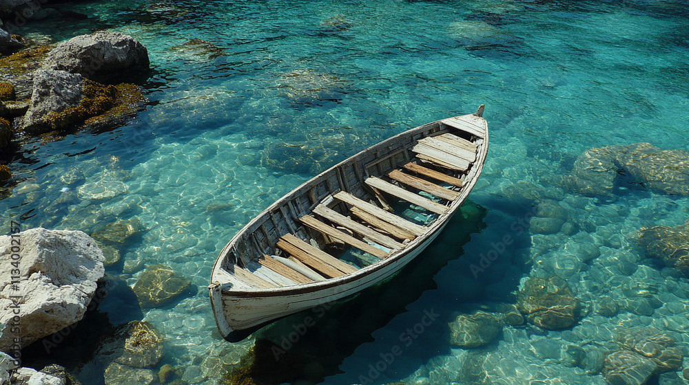 An old wooden boat rests gently on the sea near the shore, symbolizing tranquility, nostalgia, and a journey. The blurred background creates a sense of calm and contemplation, evoking memories of adve An old wooden boat rests gently on the sea near the shore, symbolizing tranquility, nostalgia, and a journey. The blurred background creates a sense of calm and contemplation, evoking memories of adve