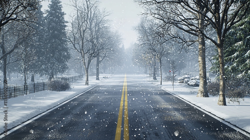 Tree-Lined Road in a Snowstorm