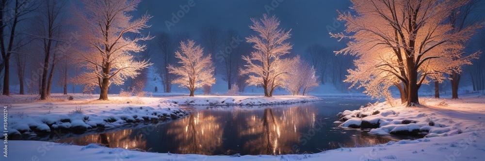 Frosty riverbank with snow-covered trees and twinkling lights , frozen river, peaceful scene Frosty riverbank with snow-covered trees and twinkling lights , frozen river, peaceful scene