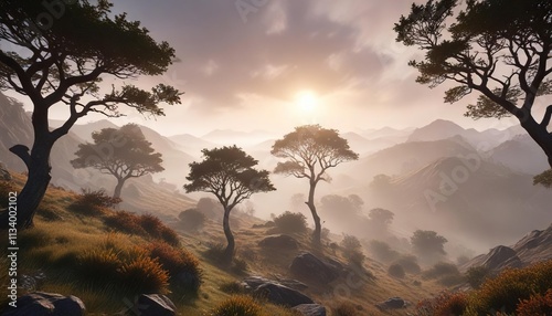 Carnmarth Lanner hills with a misty atmosphere and trees, landscape, England photo