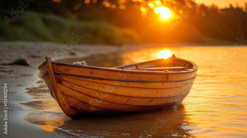 An old wooden boat rests gently on the sea near the shore, symbolizing tranquility, nostalgia, and a journey. The blurred background creates a sense of calm and contemplation, evoking memories of adve photo