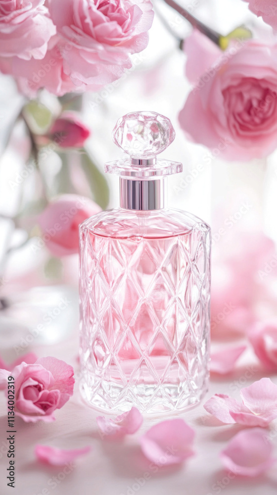 Crystal perfume bottle surrounded by pink roses and petals