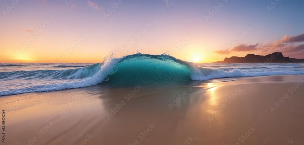 Fototapeta premium Soft abstract blue wave crashes on a serene sandy beach at sunset, scenery, horizon, ocean