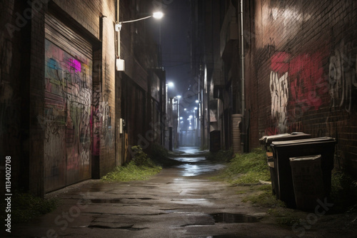 A city alley shrouded in darkness, with graffiti warning of danger and an unsettling stillness in the air.