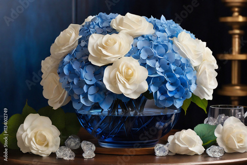 A cluster of deep blue hydrangeas surrounded by white roses in a crystal vase.