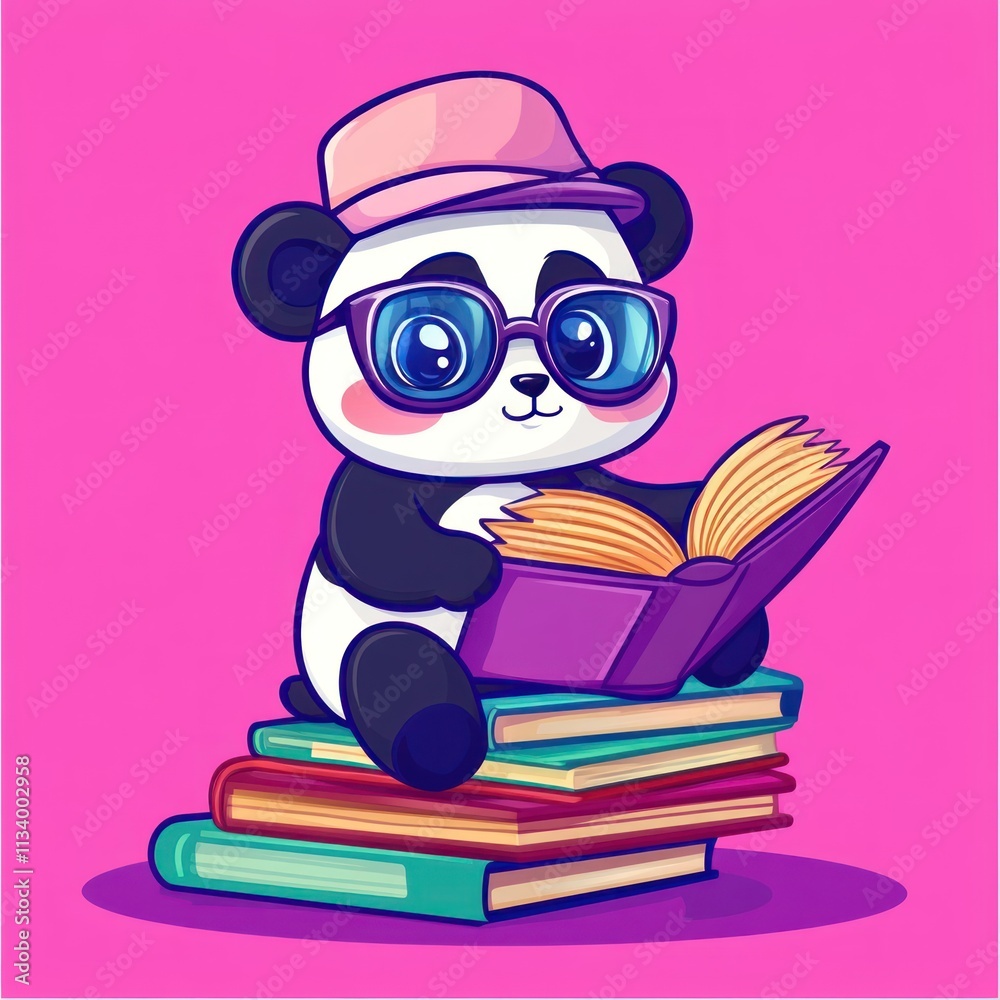 Cute panda wearing sunglasses and hat, reading a book on a stack of books. Cute panda wearing sunglasses and hat, reading a book on a stack of books.