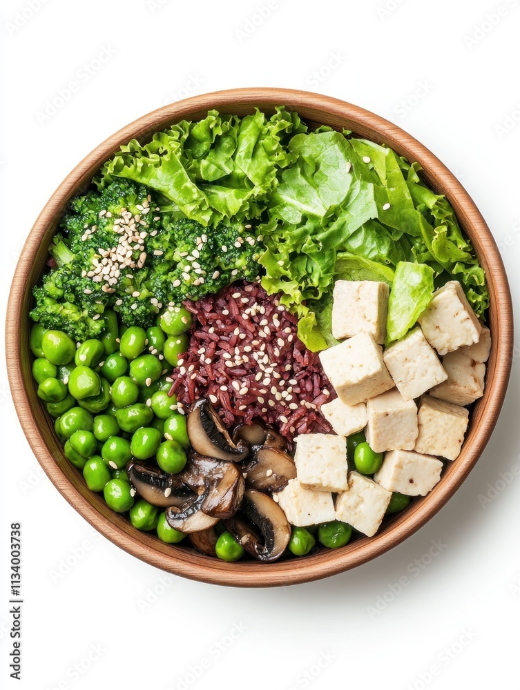 A healthy salad bowl featuring greens, grains, tofu, and vegetables. A healthy salad bowl featuring greens, grains, tofu, and vegetables.
