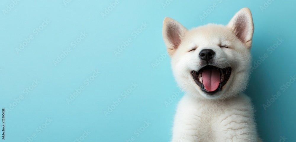 Happy puppy with mouth open against a light blue background. Happy puppy with mouth open against a light blue background.