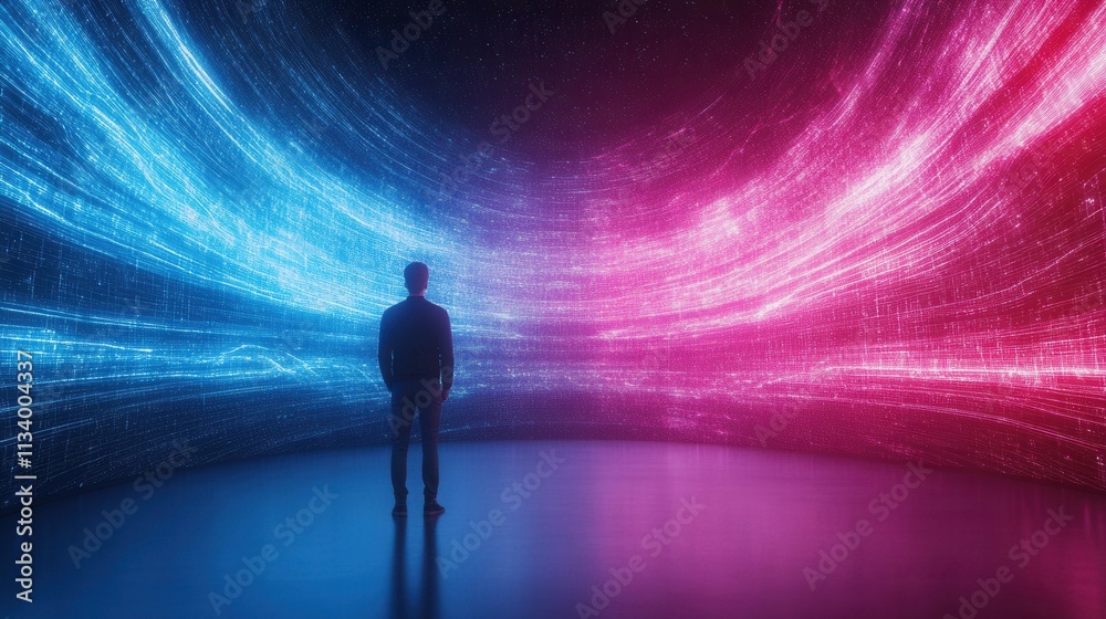 A solitary figure stands in a futuristic environment with vibrant blue and pink light waves flowing across a digital backdrop, symbolizing technology and data connection. A solitary figure stands in a futuristic environment with vibrant blue and pink light waves flowing across a digital backdrop, symbolizing technology and data connection.