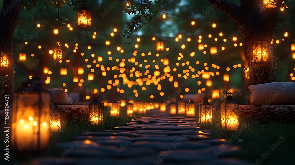 Enchanting Pathway Lit By Lanterns And String Lights Enchanting Pathway Lit By Lanterns And String Lights