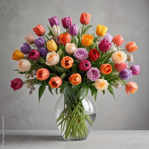 Wallpaper Mural A stunning collection of mixed flowers including roses and tulips in a large glass vase with a light gray neutral background, spring bouquet, flowers arrangement, vases Torontodigital.ca