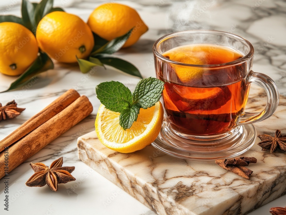 A warm cup of tea with lemon and mint, surrounded by fresh lemons and spices. A warm cup of tea with lemon and mint, surrounded by fresh lemons and spices.