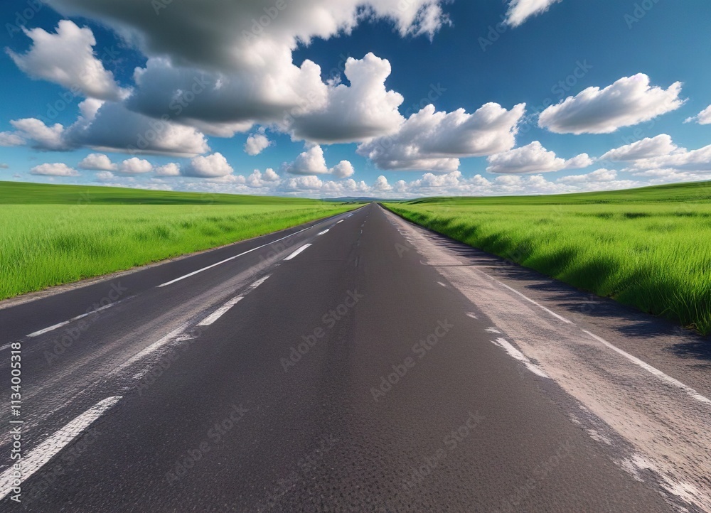 Asphalt road with green grass field in the background and a blue sky with white clouds, asphalt road, landscape photography Asphalt road with green grass field in the background and a blue sky with white clouds, asphalt road, landscape photography