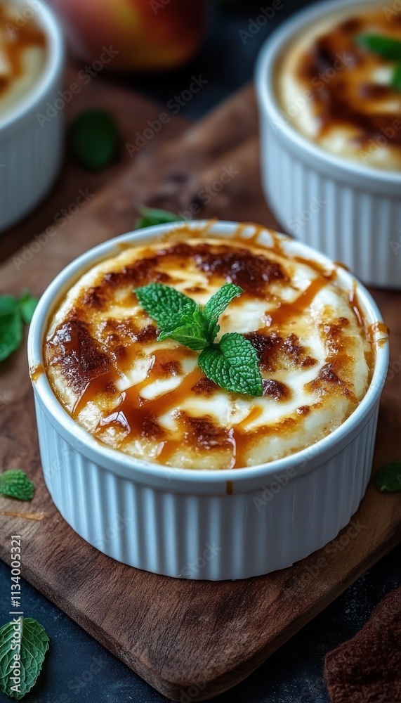 A creamy dessert with a caramelized top, garnished with mint leaves, served in a ramekin. A creamy dessert with a caramelized top, garnished with mint leaves, served in a ramekin.