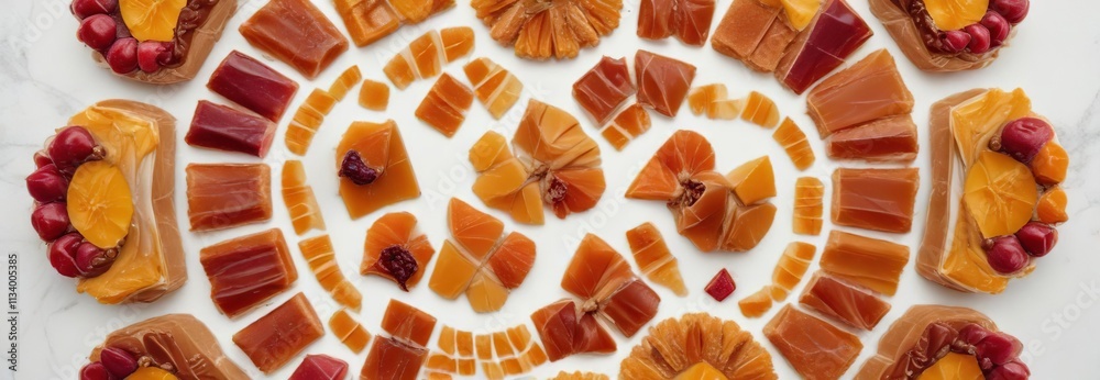 Caramel filled Turkish delights arranged in a circular pattern on a white surface, sweets, confectionery, pastry Caramel filled Turkish delights arranged in a circular pattern on a white surface, sweets, confectionery, pastry