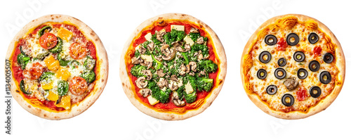 Three pizzas are displayed, each with unique toppings one with vegetables and cheese, another with greens and mushrooms, and the last topped with olives.