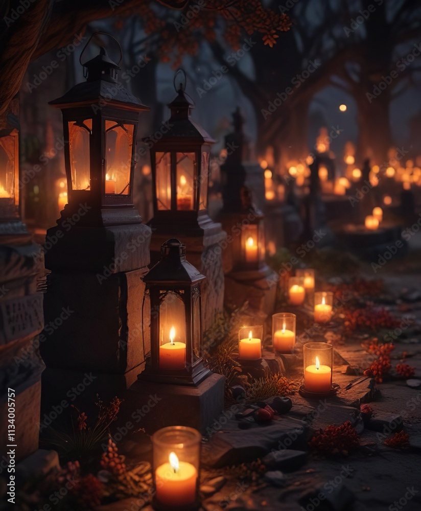 Candles and lanterns light up the darkness in the abandoned graveyard, abandoned, mausoleums Candles and lanterns light up the darkness in the abandoned graveyard, abandoned, mausoleums