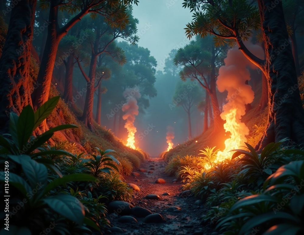 Burning jungle with fire tongues illuminating the dense foliage, primal, tropical, wild Burning jungle with fire tongues illuminating the dense foliage, primal, tropical, wild