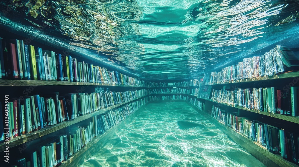 Obraz premium A submerged underwater library, with rows of bookshelves visible through transparent glass walls submerged in clear water