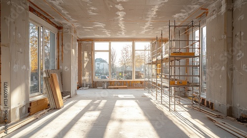 Renovation Progress: Sunlight Illuminates an Empty Room Undergoing Construction