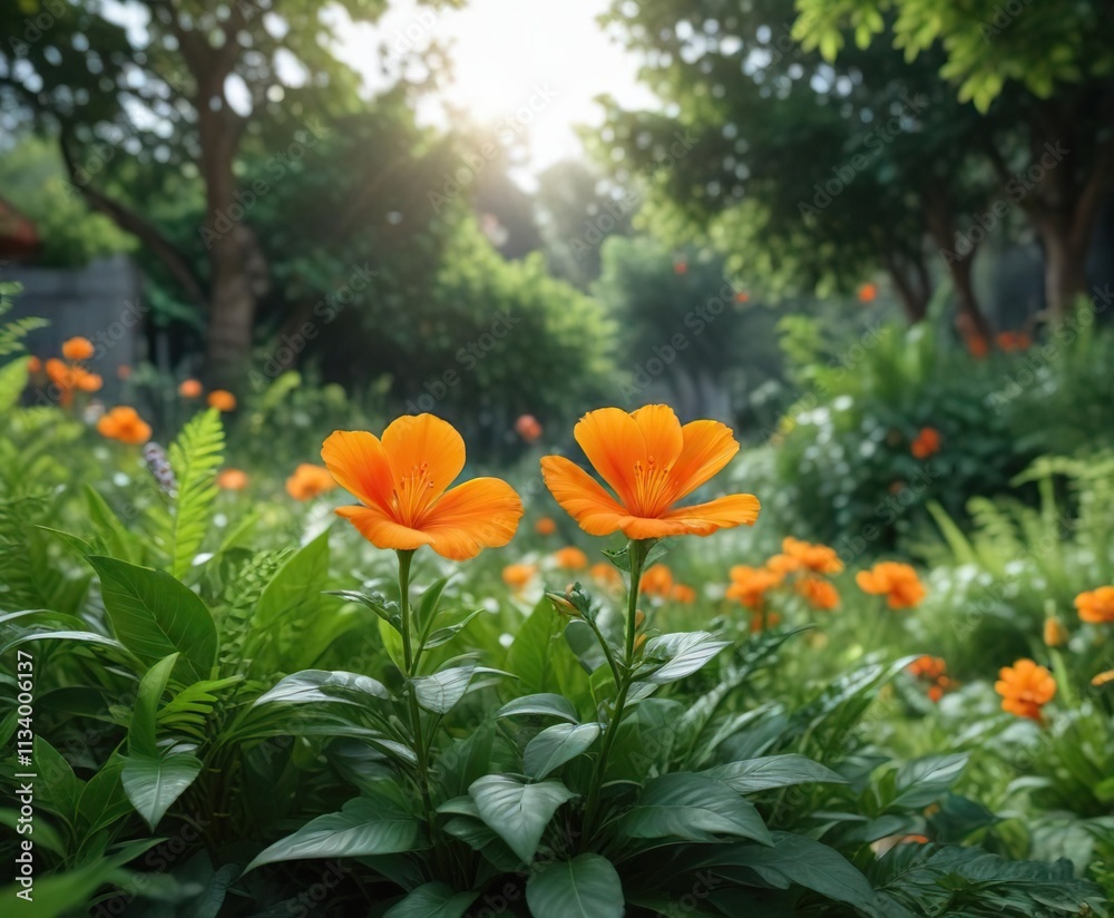 A vibrant orange flower blooming in a garden amidst lush greenery, botanical gardens, natural landscapes A vibrant orange flower blooming in a garden amidst lush greenery, botanical gardens, natural landscapes