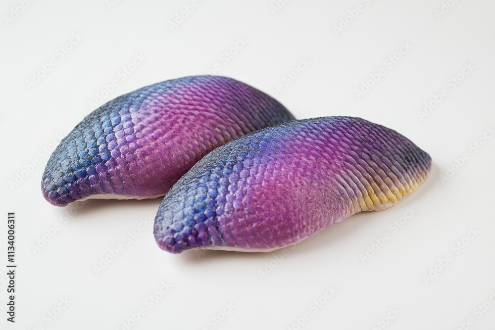 Two iridescent purple and blue fish fillets on white background. Two iridescent purple and blue fish fillets on white background.