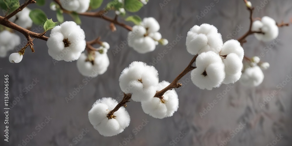 A single cotton branch with fluffy white cotton balls hanging from it, botanical focus, delicate texture, natural fiber A single cotton branch with fluffy white cotton balls hanging from it, botanical focus, delicate texture, natural fiber