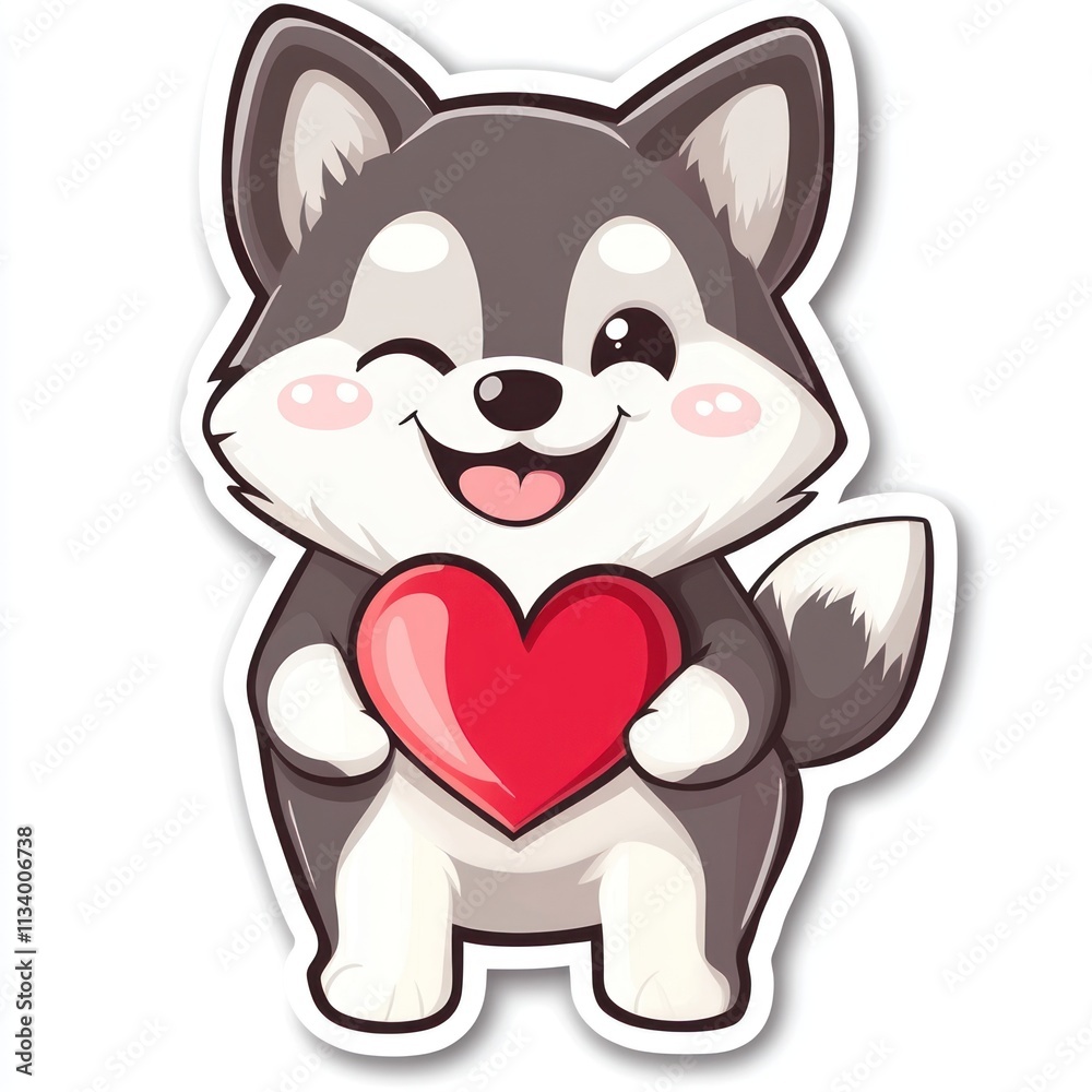 Adorable cartoon husky puppy holding a red heart. Adorable cartoon husky puppy holding a red heart.