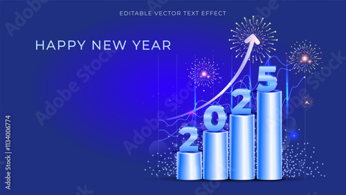 Happy New year 2025. 2025 Business success, growth celebration and prosperity wishes card design. 2025 numbers on graph with arrow upward increasing.