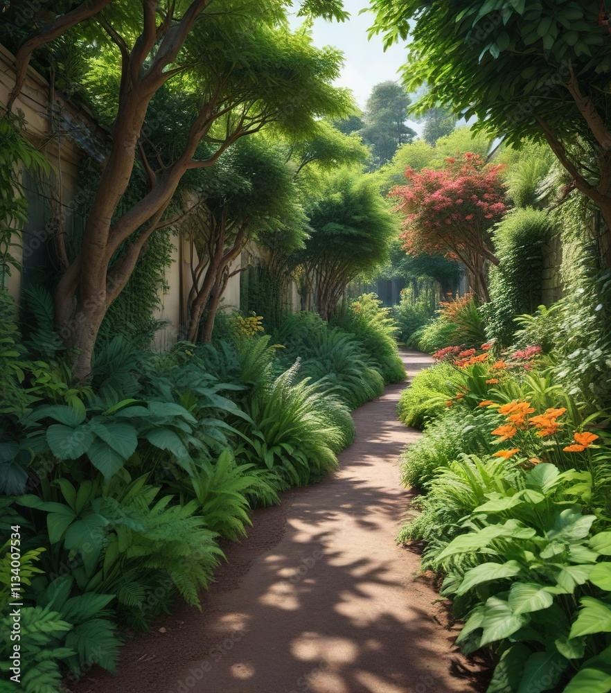 Winding path through a narrow alleyway within the Glasgow botanic gardens with lush vegetation on either side, greenery, woodland stroll , botanical garden Winding path through a narrow alleyway within the Glasgow botanic gardens with lush vegetation on either side, greenery, woodland stroll , botanical garden