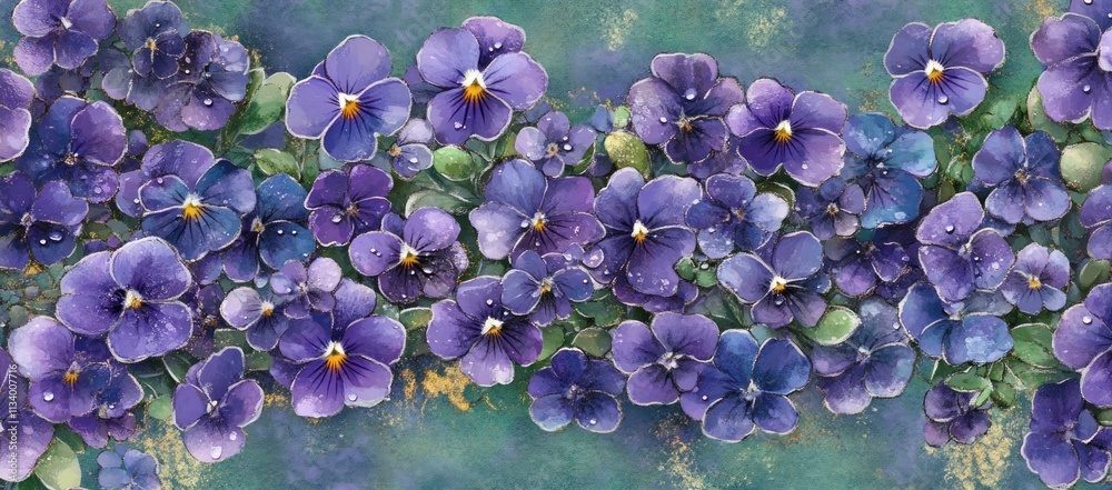 Watercolor painting of a vibrant purple pansy flower border. Watercolor painting of a vibrant purple pansy flower border.