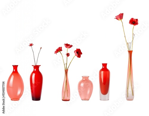 there are four vases with flowers in them on a white background. photo