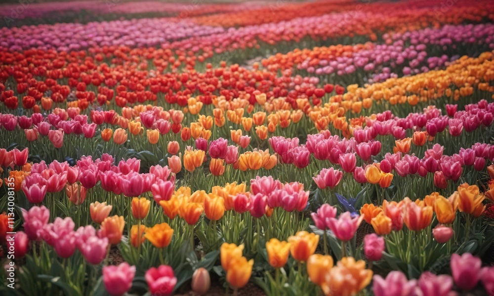 A kaleidoscope of tulip hues - from soft pastels to bold brights - create a breathtaking visual effect in this stunning landscape, floral, vibrant colors, garden A kaleidoscope of tulip hues - from soft pastels to bold brights - create a breathtaking visual effect in this stunning landscape, floral, vibrant colors, garden