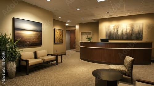 modern office reception area with comfortable seating and artwor photo